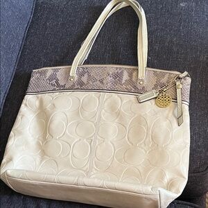 Coach Cream Tote with Snake-Print Trim and Gold Charm